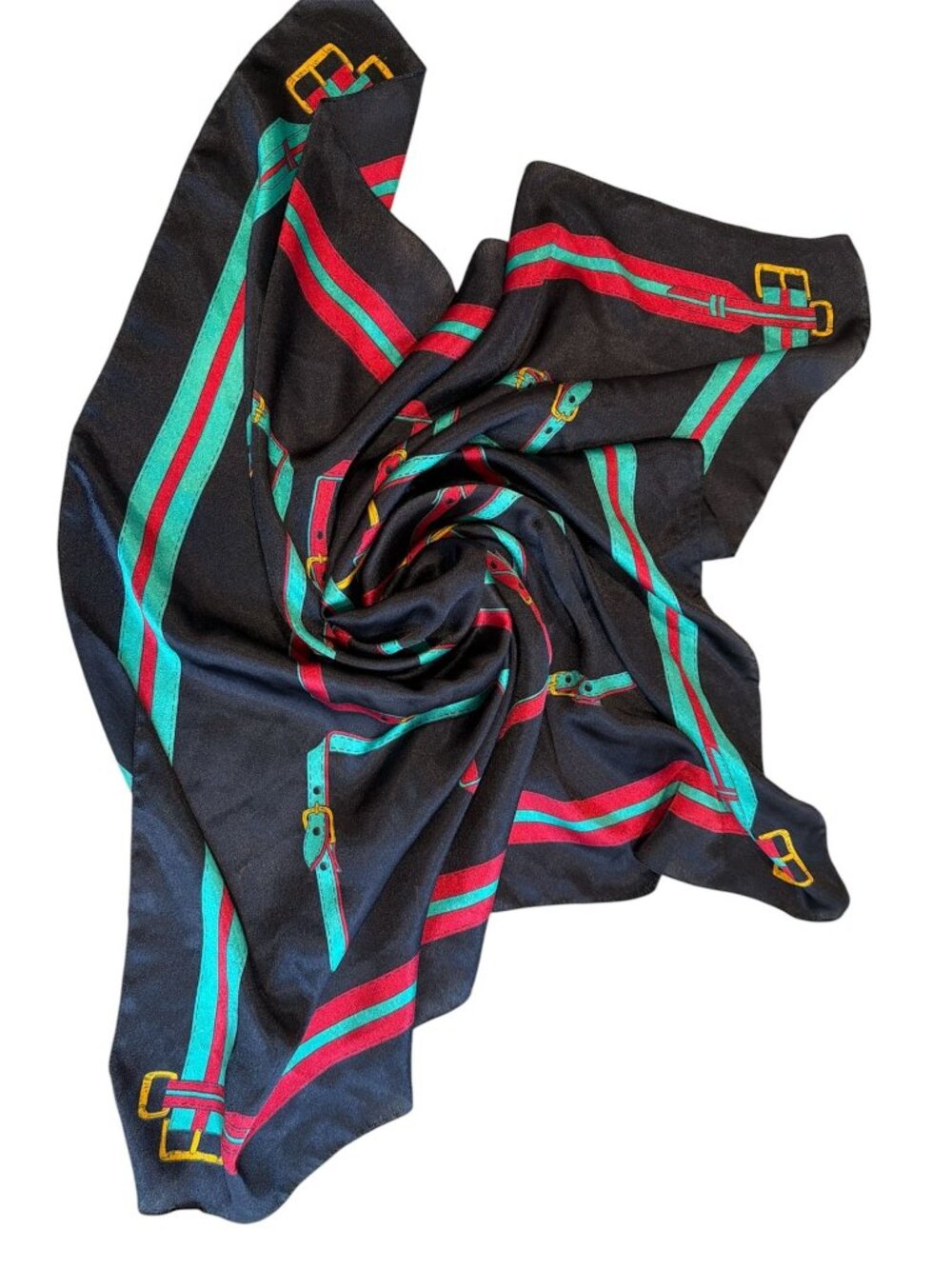 Italian Scarf Square 30" Black Red Turquoise 100% Acetate Vintage